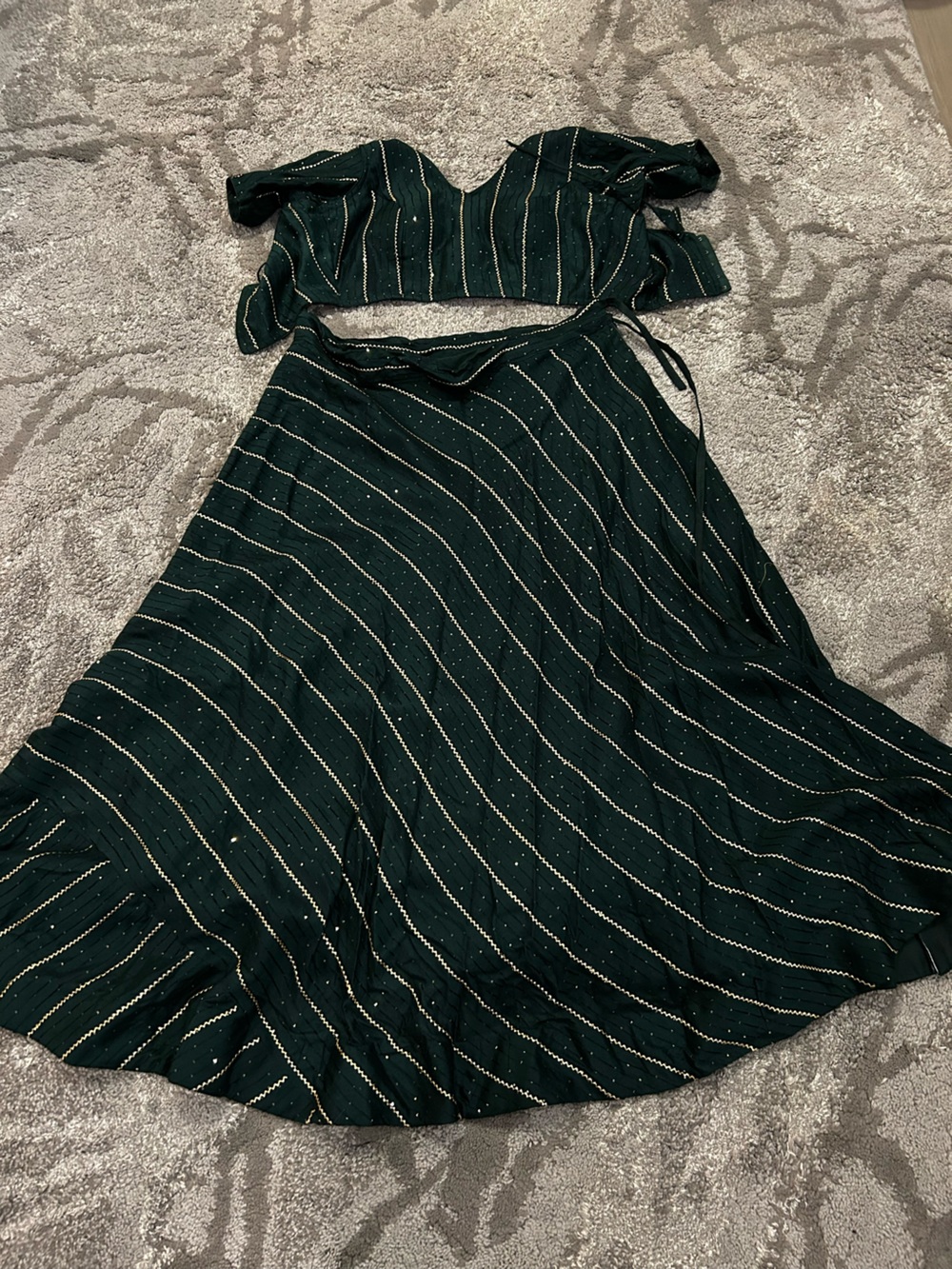 Two-Piece Emerald Green and gold Striped Lahenga